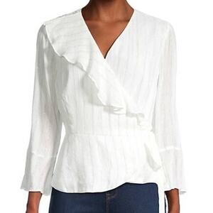 Ava & Aiden Wrap Top Size S Ivory Metallic Stripes Asymmetrical Ruffle Blouse